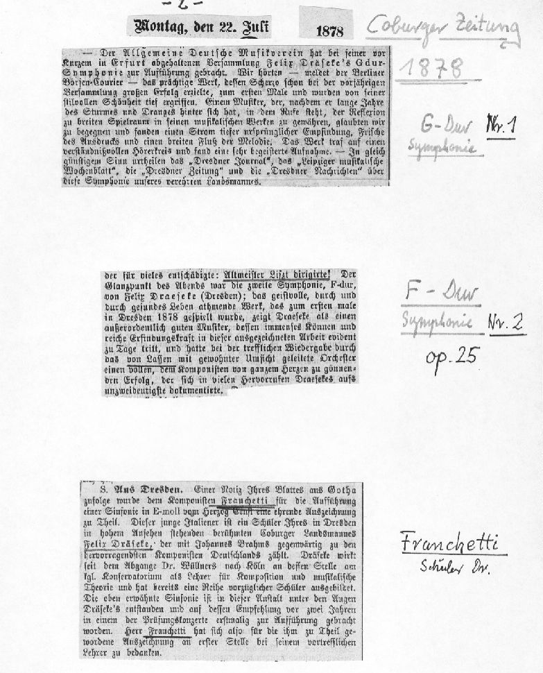 Coburger Zeitung (1878): Sinfonie Nr.1, op.12 in Erfurt; Sinfonie Nr.2, op.25 in Dresden; Aus Dresden: Komponist Alberto Franchetti