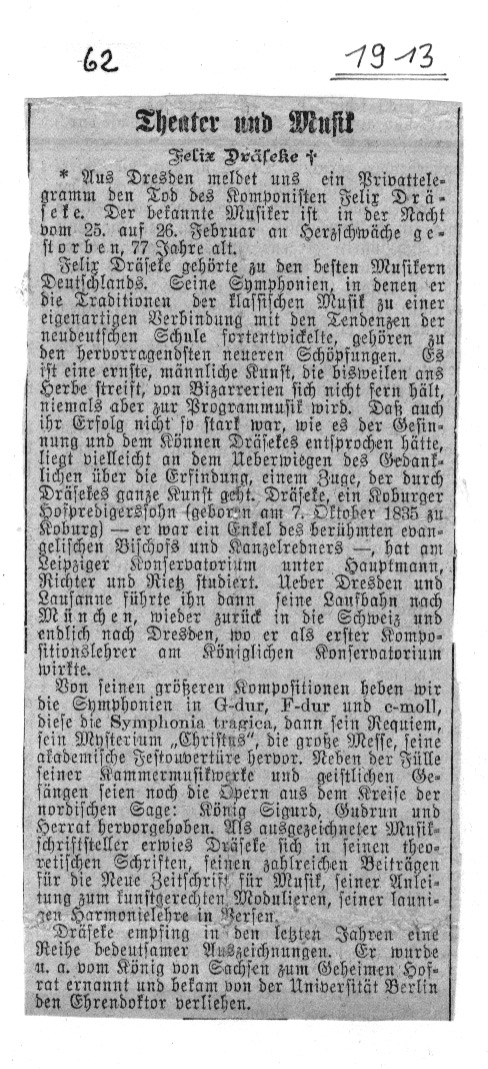 Tod des Komponisten Draeseke Februar 1913 