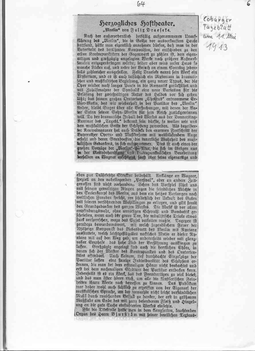 Oper Merlin (Coburger Tageblatt 11 Mai 1913) 