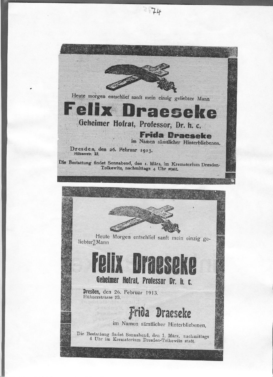Todesanzeige Felix Draeseke (26 Feb 1913)