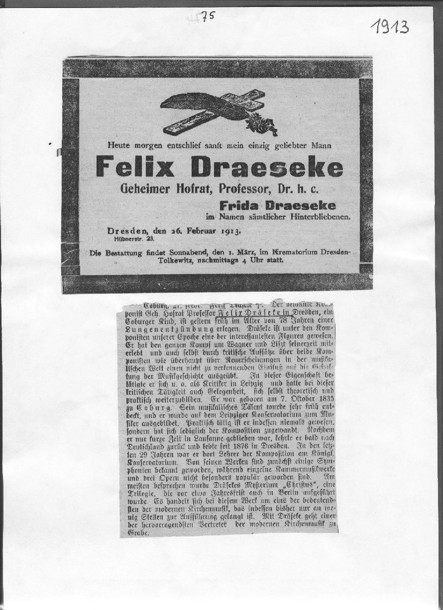 Todesanzeige Felix Draeseke (26 Feb 1913 ) 