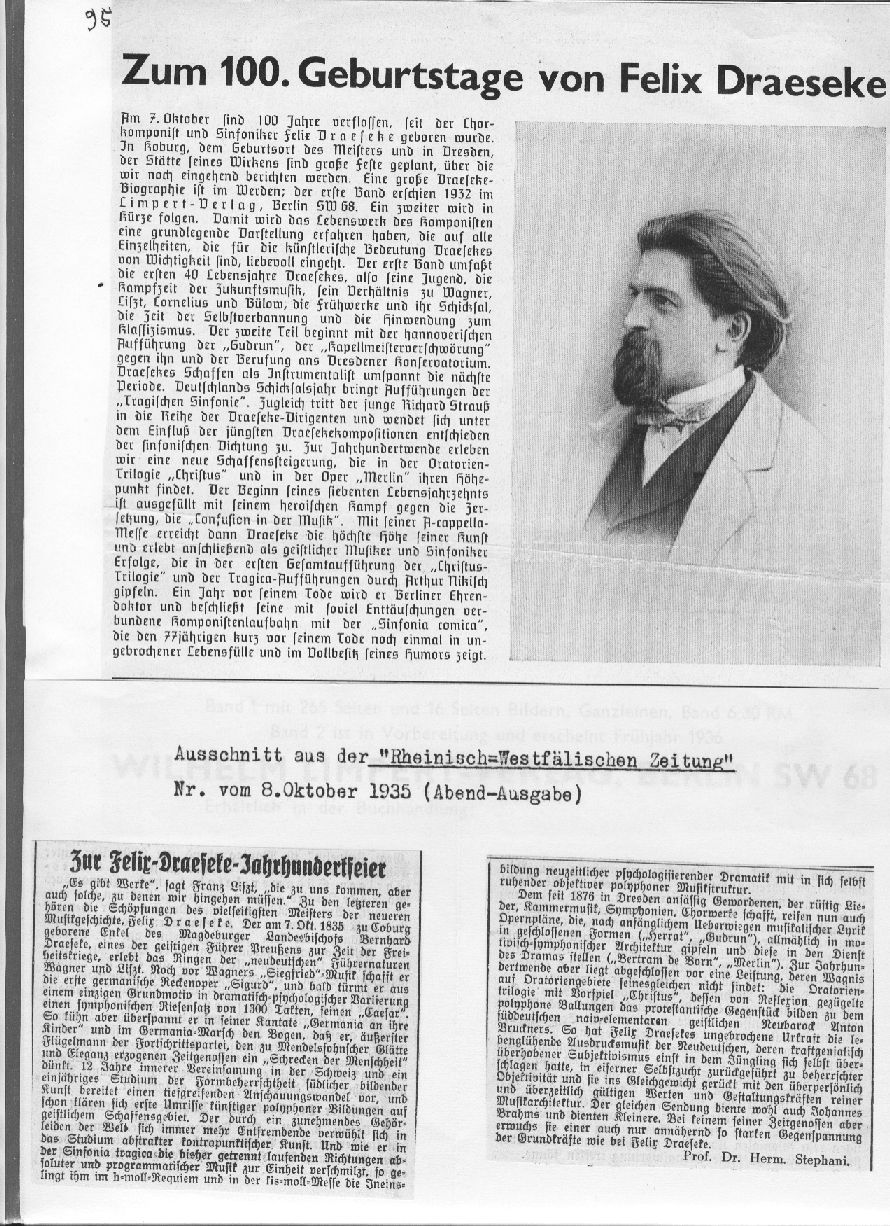 Zum 100. Geburtstag von Felix Draeseke; Zur Felix-Draeseke-Jahrhundertfeier (Dr. Hermann Stephani, Rheinisch-Westfälischen Zeitung (8 Okt 1935) 