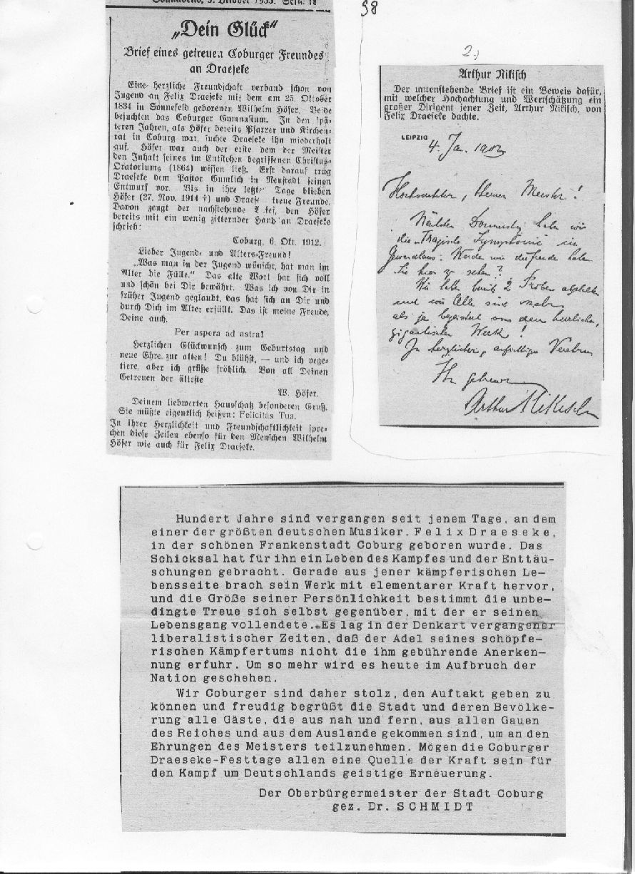 Dein Glück- Brief eines getreuen Coburger Freundes an Draeseke (Arthur Nikitch); Oberbürgermeister der Stadt Coburg, Dr Schmidt (Coburg, 5 Okt 1935) 