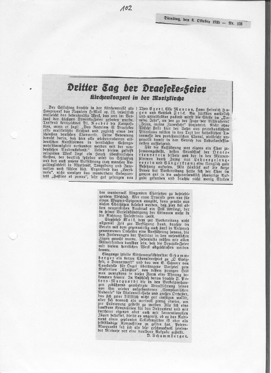 Dritter Tage der Draeseke-Feier: Kirchenkonzert in der Moritzkirche (D. Schammberger, Coburg, 8 Okt 1935) 