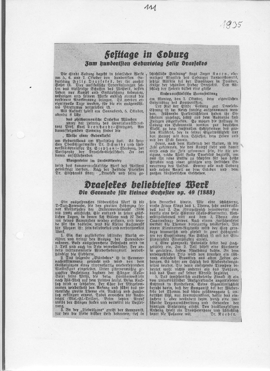 Die Draeseke-Feier in Coburg: Die Geburtsstadt des Meisters ist gerüftet; Draesekes Lehrer Kaspar Kummer (Coburger Beobachter, 5 Okt 1935)