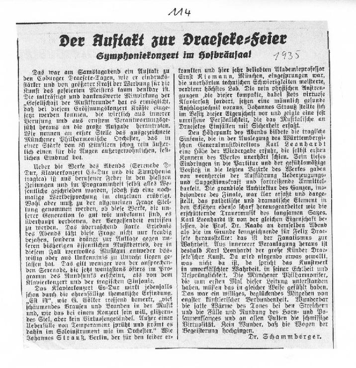 Der Auftakt zur Draeseke-feier: Symphoniekonzert im Hofbräusaal (Dr. Schammberger, Coburg, 7 Okt 1935) 