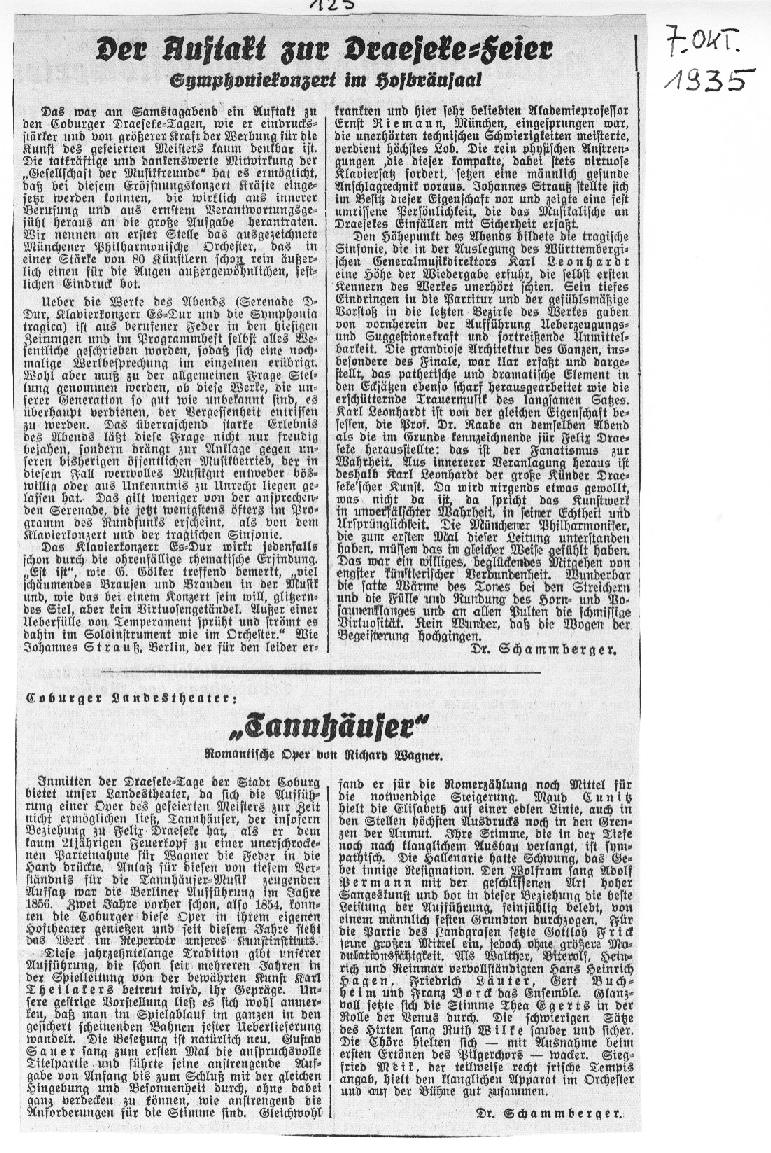 Der Auftakt zur Draeseke-feier: Symphoniekonzert im Hofbräusaal + Tannhäuser (Dr. Schammberger, Coburg, 7 Okt 1935) 
