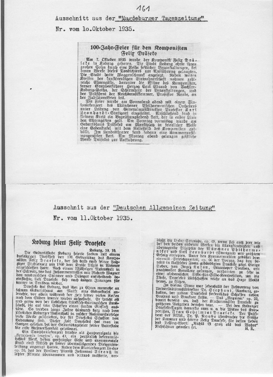 Ausschnitt aus der Magdeburger Tageszeitung (10 Okt 1935) und Ausschnitt aus der Deutschen Allgemeinen Zeitung (11 Okt 1935)