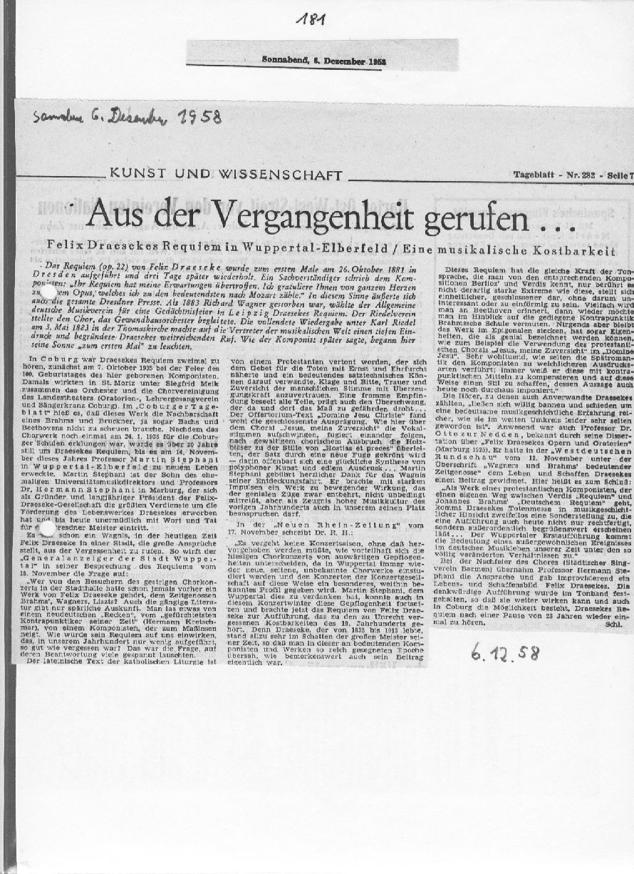 Aus der Vergangenheit gerufen - Requiem in Wuppertal (H. Schleder, Coburger Tageblatt, 6 Dez 1958) 