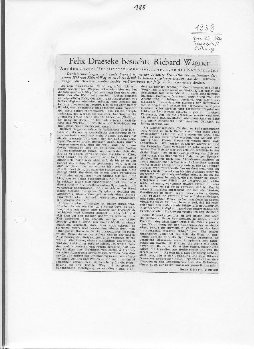 Felix Draeseke besuchte R. Wagner (H. Ebert, Coburger Tageblatt, 22 Mai 1959)