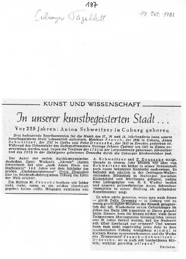 In unserer kunstbegeistern Stadt... (Coburger Tageblatt, 14 Okt 1960)