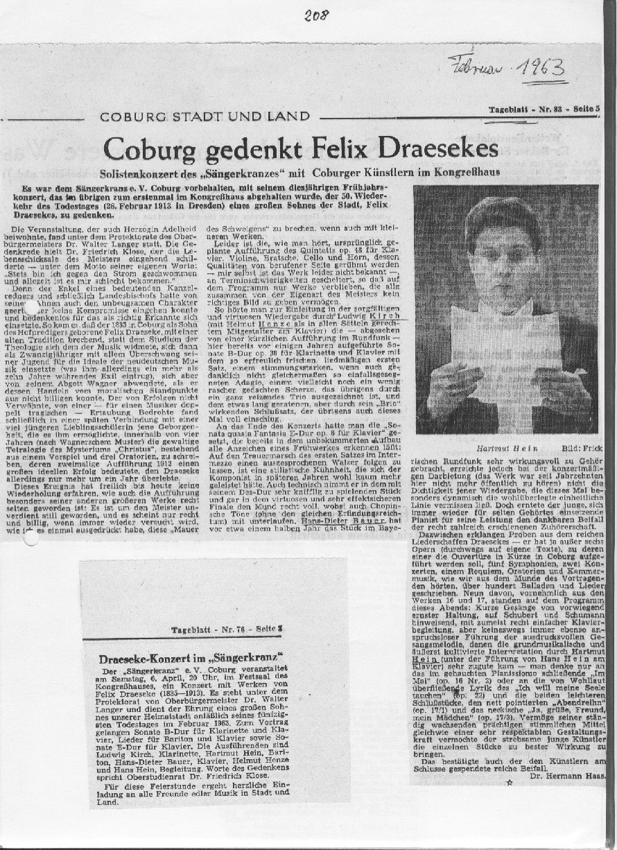 Coburg gedenkt Felix Draesekes (Coburger Tageblatt Apr 1963) 