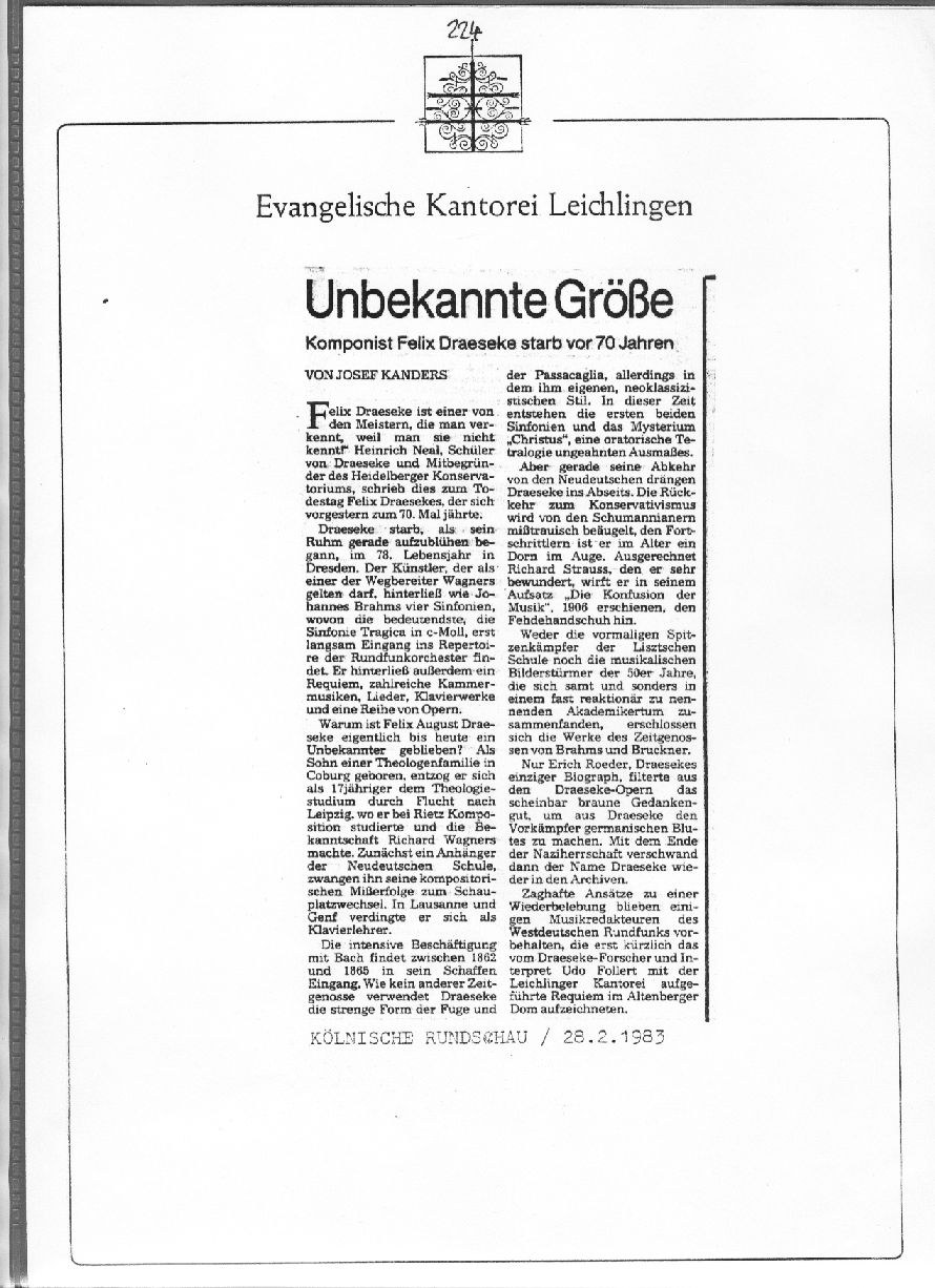 Kantorei Leichlingen: Unbekannte Größe - Komponist Felix Draeseke starb vor 70 Jahren (Josef Kanders, Kolnische Rundschau, 28 Feb 1983) 