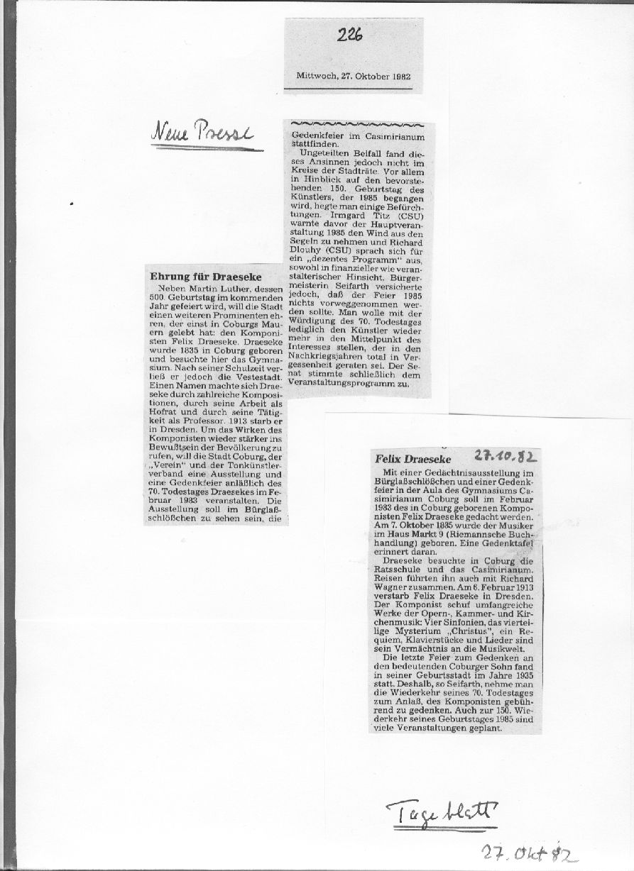 Ehrung für Draeseke (Neue Presse; Coburger Tageblatt, 27 Okt 1982)