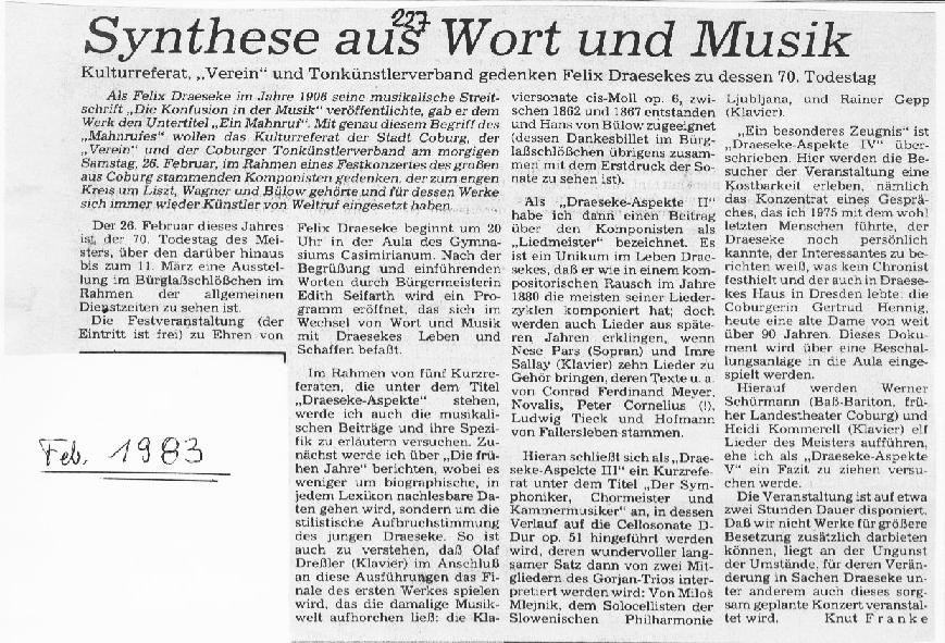Synthese aus Wort and Musik (Knut Franke, Feb 1983)