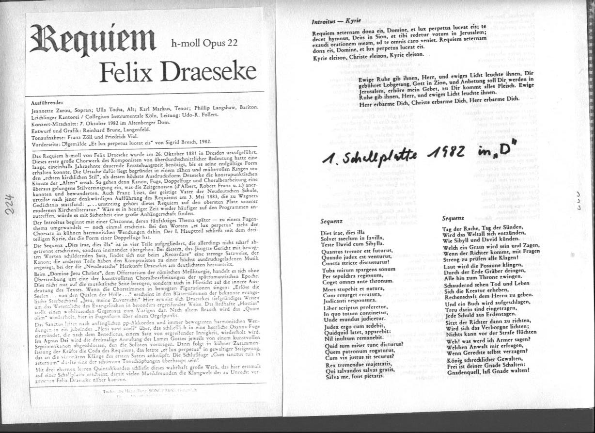 Felix Draeseke: Requiem h-moll, op. 22, Udo-R. Follert, Collegium Instrumentale Köln, Altenberg 1982