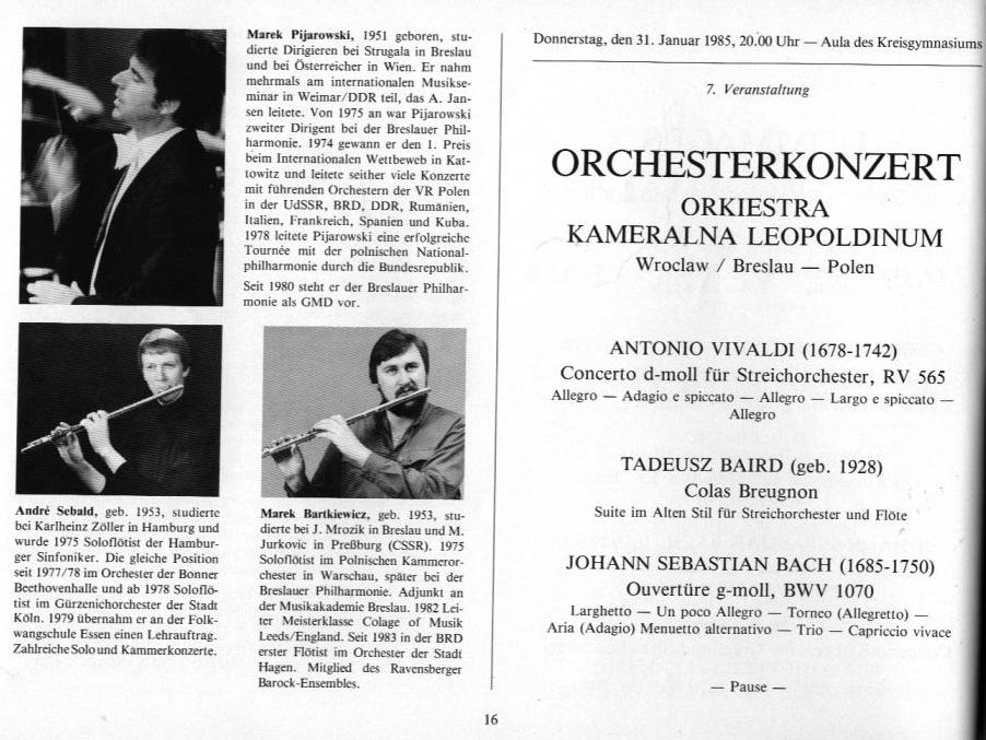 22. Haller Bach-Tage (26 Jan-3 Feb 1985): Bach, Schütz, Händel, et al.; Draeseke Serenade D-dur, op. 69, Collegium Instrumentale Koln, Udo-R Follert 