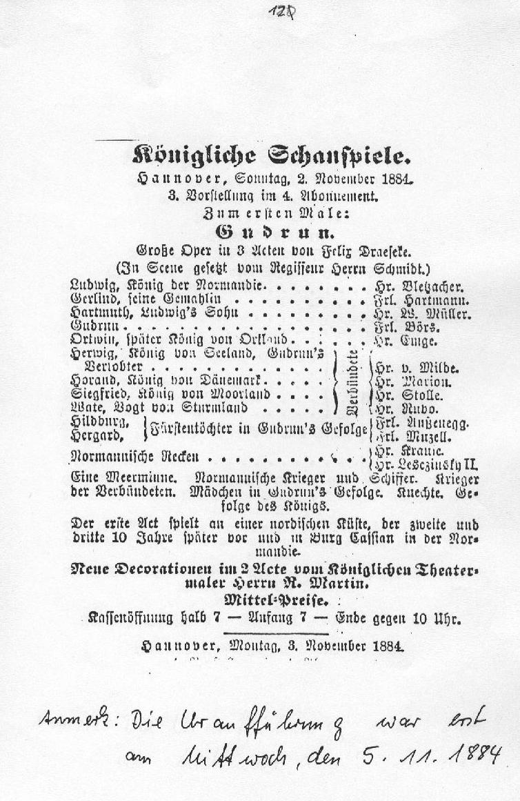 Programm: Oper "Gudrun" (Hannover, 5 Nov 1884)