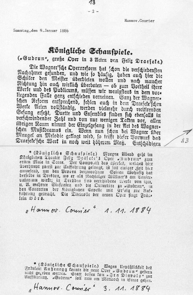 Über die Oper "Gudrun" Hannoverscher Courier (9 Jan 1886) 