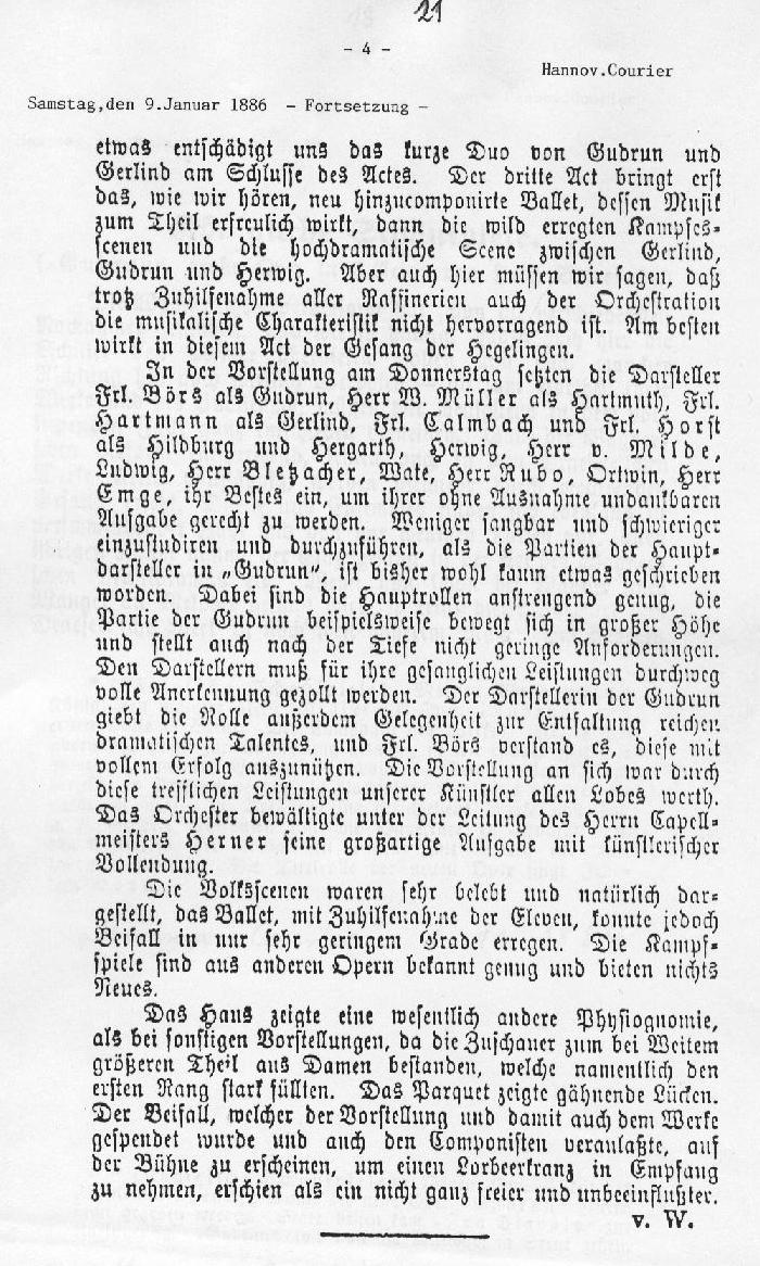 Über die Oper "Gudrun" Hannoverscher Courier (9 Jan 1886) 