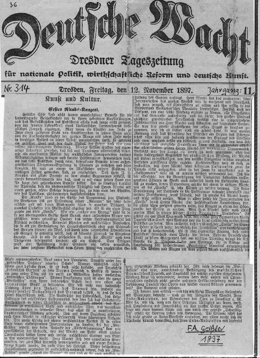 F.A. Geißler: Erstes Nicodé-Konzert in Dresden (Dresdner Nachrichten 12 Nov 1897) 