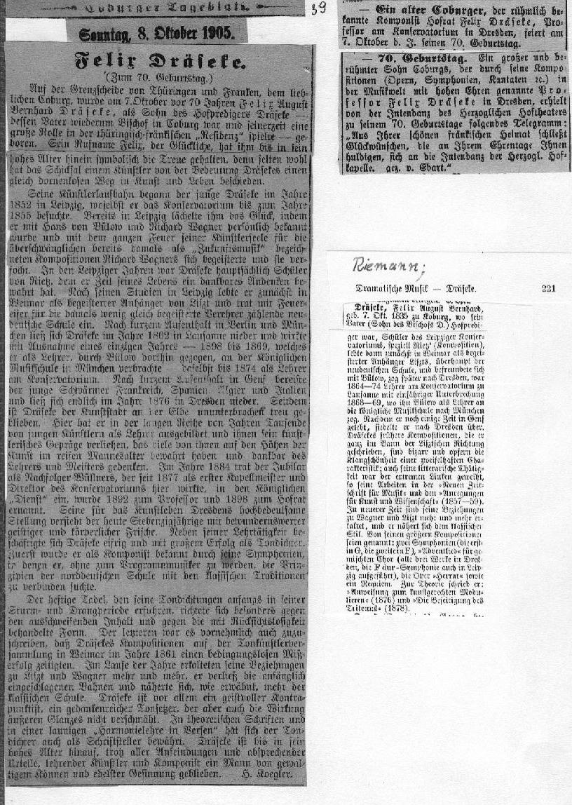 Ebart: Zum 70. Geburtstag Felix Draeseke (Coburger Tageblatt, 8 Okt 1905); Riemann: Auszug aus Lexikon 