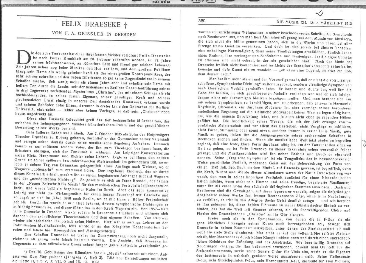 F.A. Geißler: Felix Draeseke in Dresden - (Die Musik, V.12, 26 Feb 1913) Click for full text