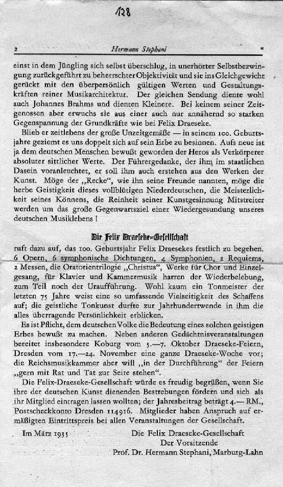 Hermann Stephani: Felix Draeseke. Sonderdruck aus "Die Musikpflege" 5.Jahrg., Heft 12 (1935) - Click for full text