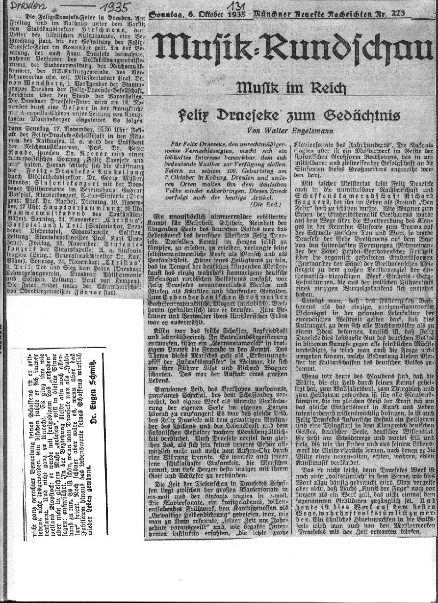 Walter Engelsmann: Musik im Reich, Felix Draeseke zum Gedächtnis	(Münchener Neueste Nachrichten, 6 Okt 1935) 