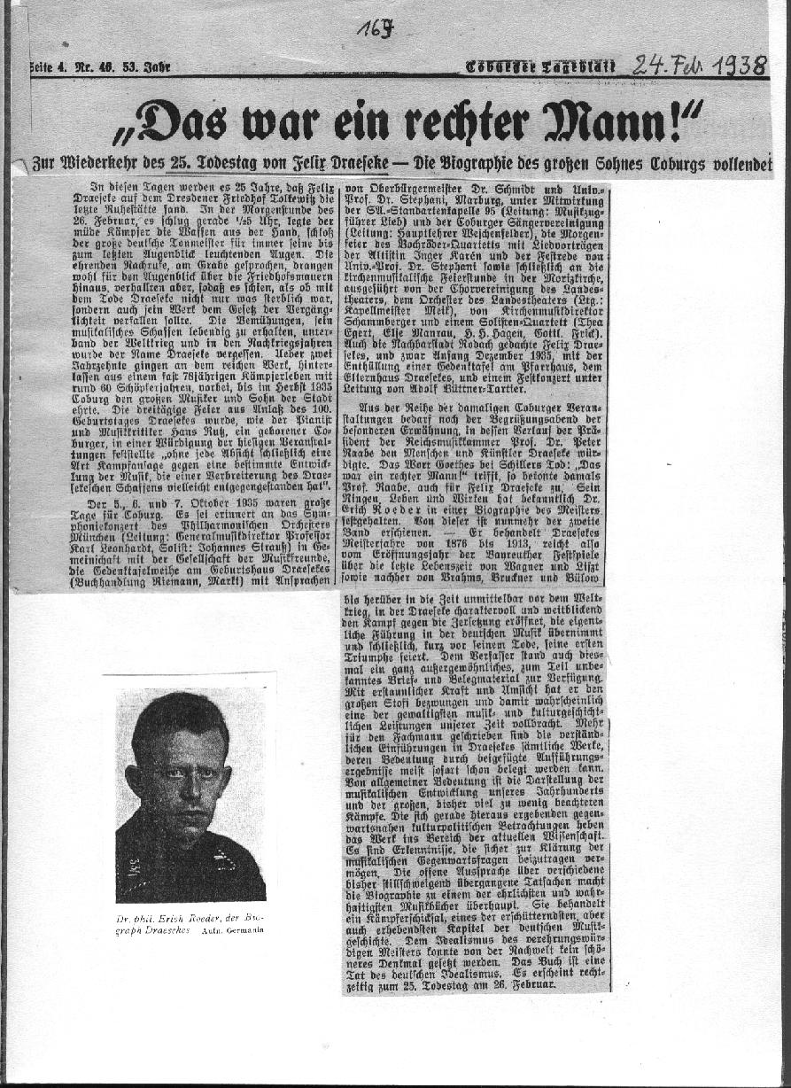 Das war ein rechter Mann! z. 25.Todestag - Draeseke Biographie von Erich Roeder (Coburger Tageblatt, 24 Feb 1938)
