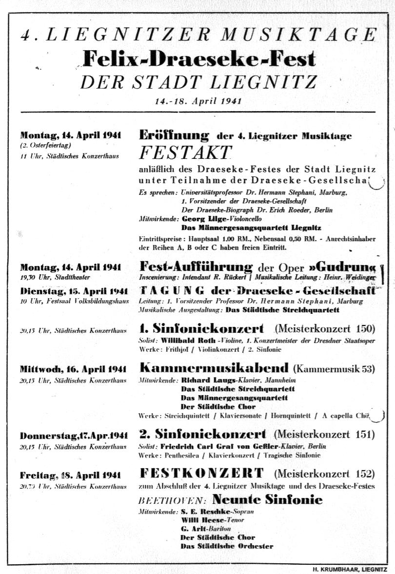 Felix Draeseke - Feier in Liegnitz 1940/41; Draesekes Zeit ist gekommen - Konzerte in Liegnitz 