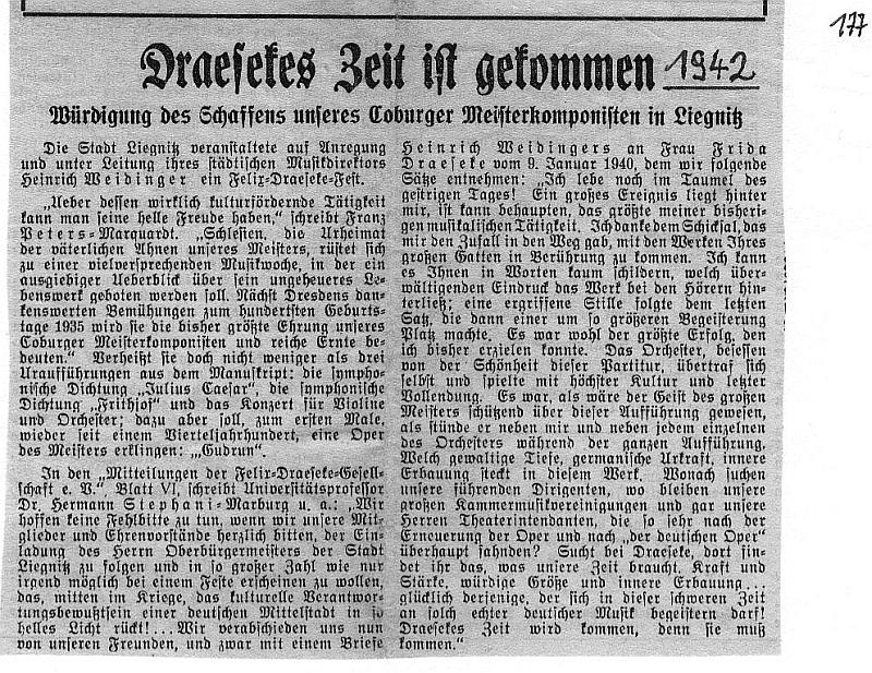 Felix Draeseke - Feier in Liegnitz 1940/41; Draesekes Zeit ist gekommen - Konzerte in Liegnitz 