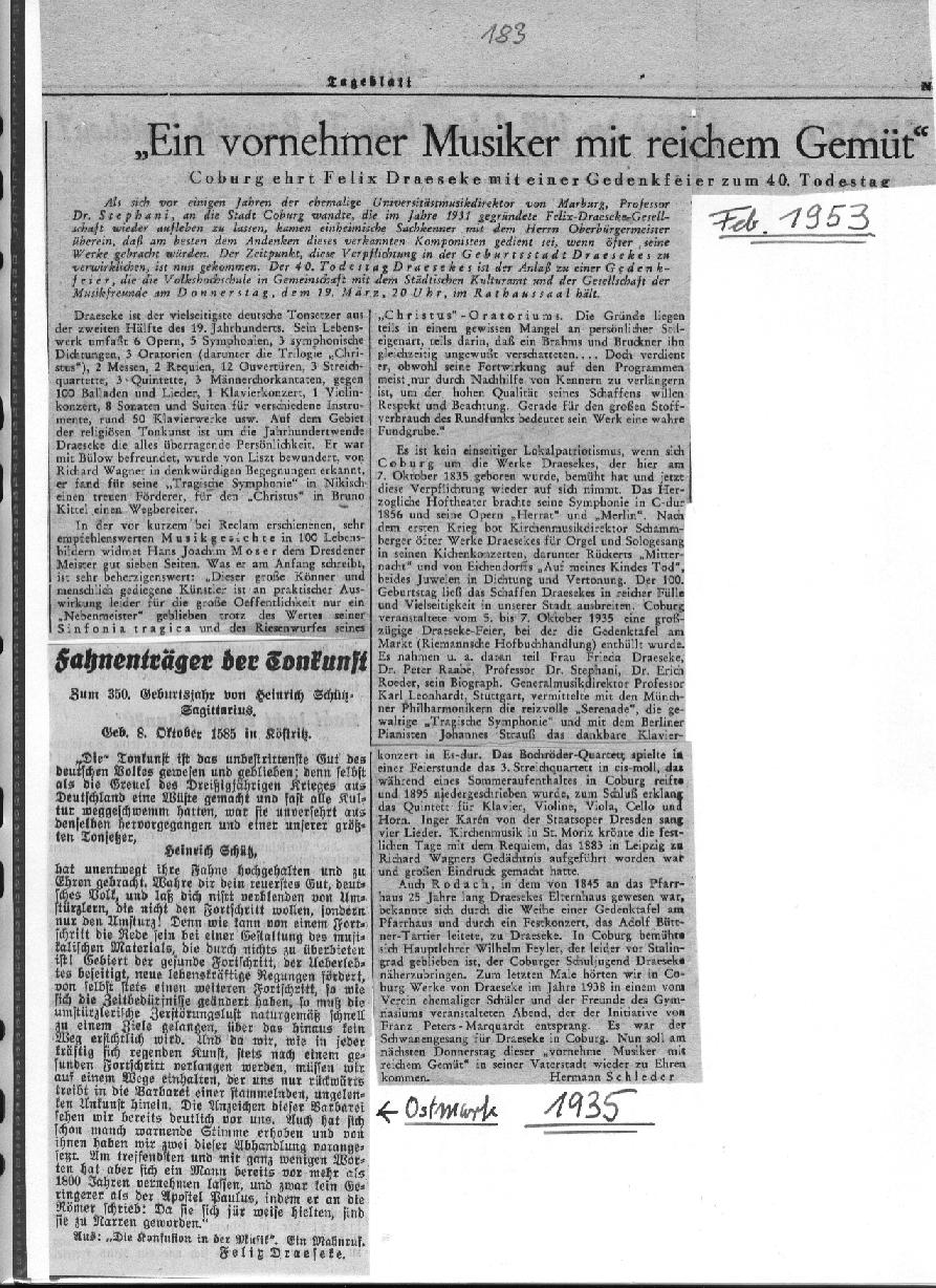 Hermann Schleder: "Ein vornehmer Musiker mit reichem Gemüt", Coburger Tageblatt, Feb 1953 