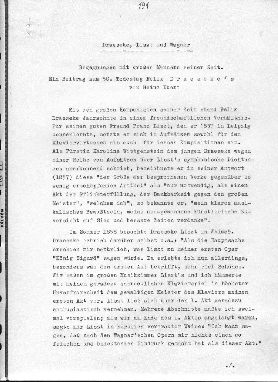 Heinz Ebert: Draeseke, Liszt und Wagner. Begegnungen mit großen Männern seiner Zeit. Ein Beitrag zum 50. Todestag Felix Draesekes