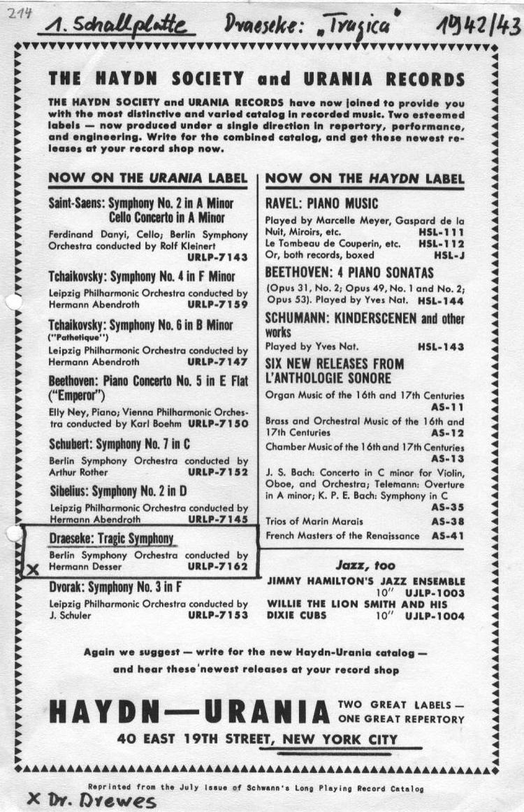 Urania Records advertisement from the 1950s - Draeseke Symphonia Tragica URLP-7162 (Hermann Desser a.k.a. Heinz Drewes)