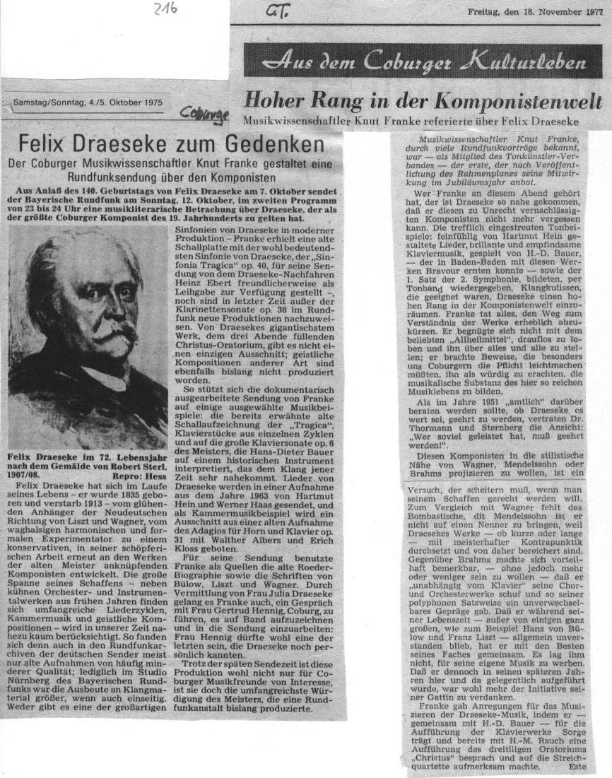 Hoher Rang in der Komponistenwelt - Knut Franke referiert über Felix Draeseke (Coburger Tageblatt 1975/1977)