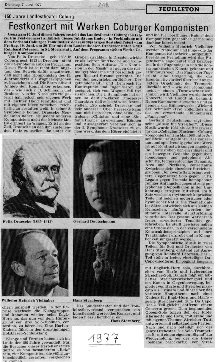 Festkonzert mit Werken Coburger Komponisten (150 Jahre Landestheater Coburg - 10 Jun 1977): Felix Draeseke; Gerhard Deutschmann; Wilhelm Heinrich Vielhaber; Hans Sternberg 