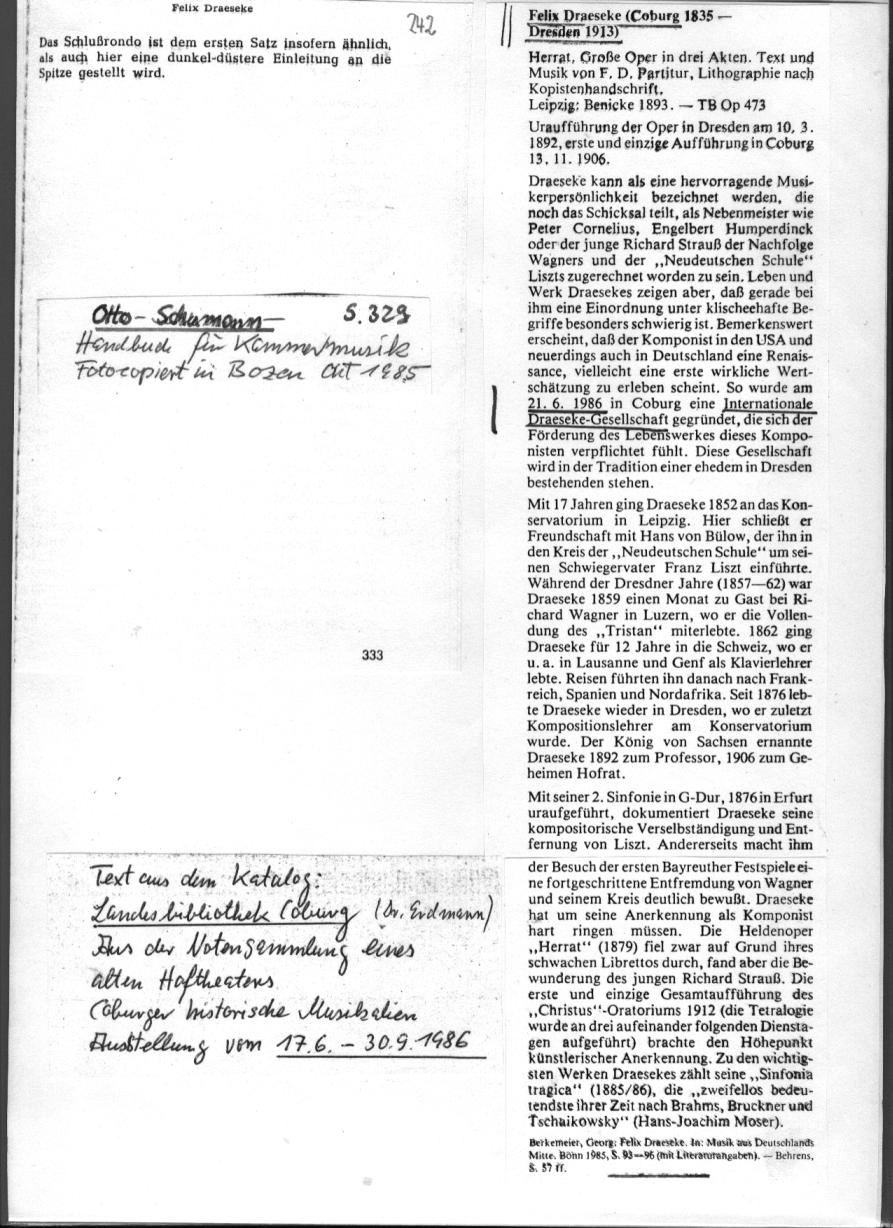 Otto Schumann: Handbuch für Kammermusik (Draeseke: Sonata op.38, Quartett Nr. 1-3); Hans-Joachim Moser: Felix Draeseke, Coburg 1835 - Dresden 1913