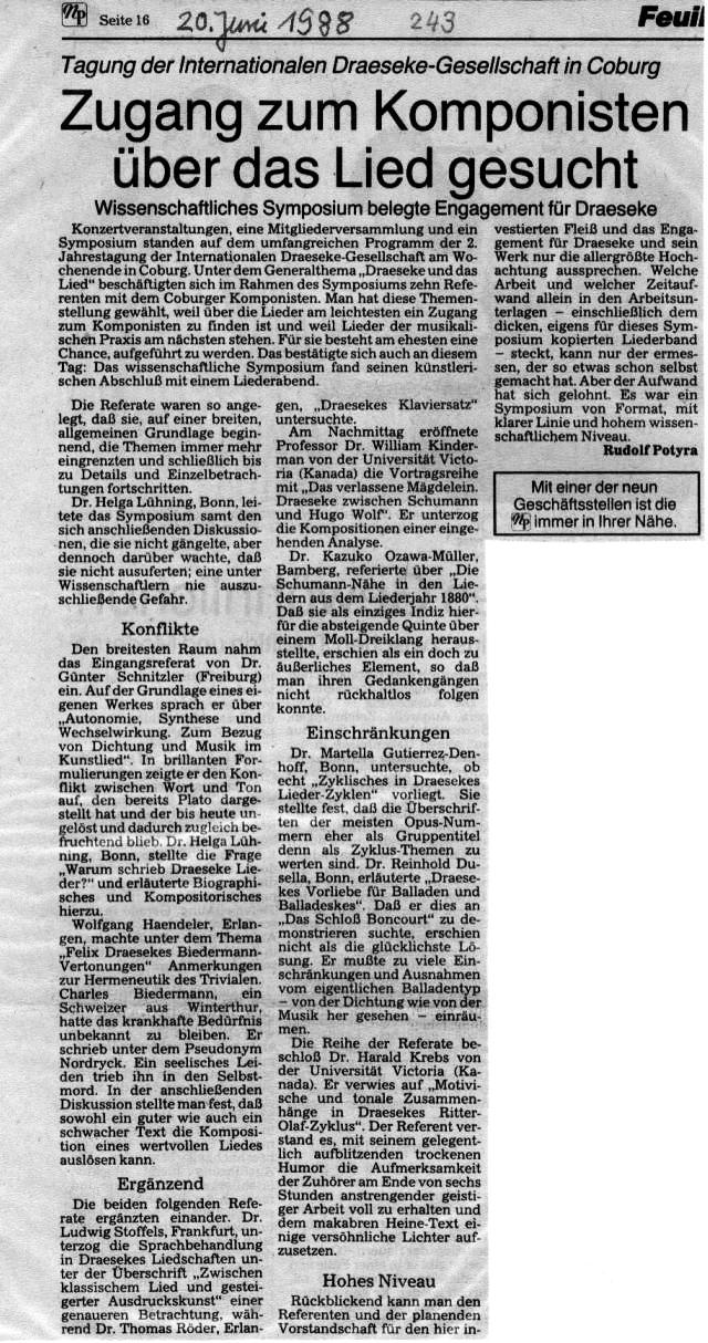 Tagung der IDG in Coburg 1988 - Zugang zum Komponisten über das Lied gesucht (Rudolf Potyra, 20 Jun 1988)