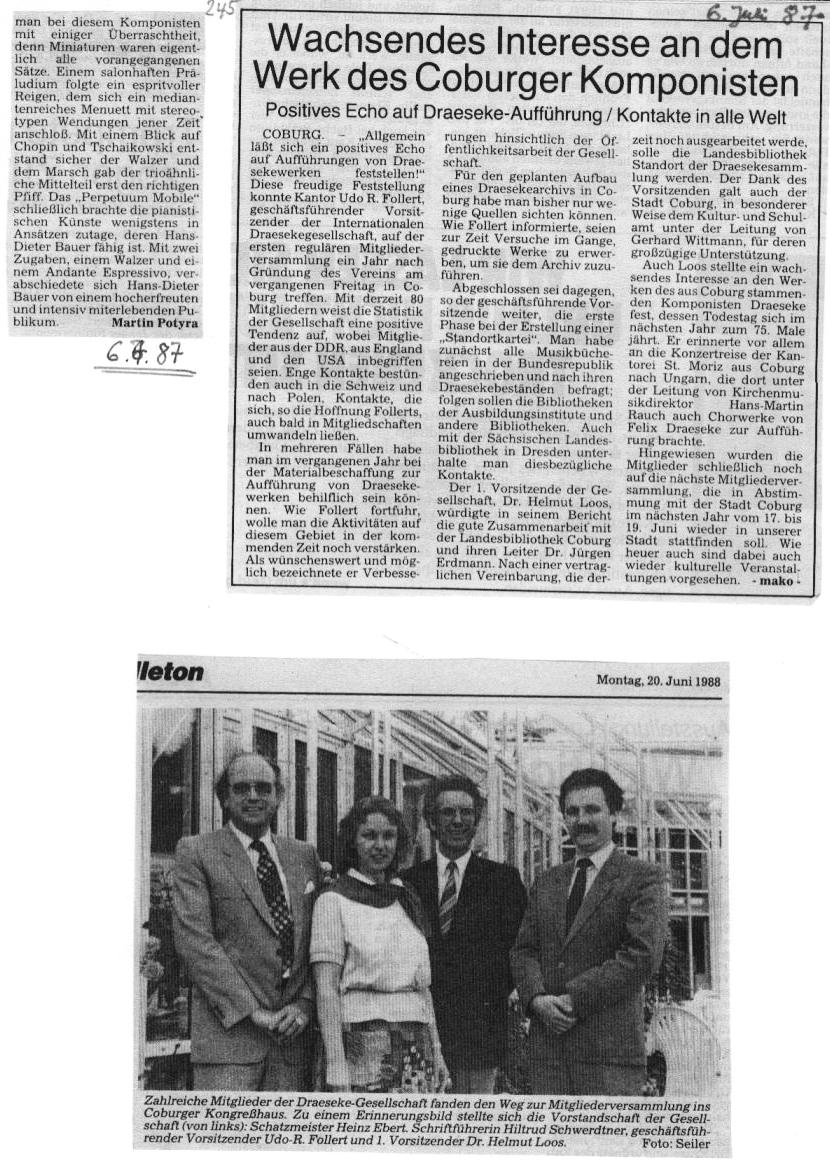 Wachsendes Interesse an dem Werk des Coburger Komponisten (6 Jul 1987); Vorstandschaft der IDG: Ebert, Schwerdtner, Follert, Loos (20 Jun 1988)