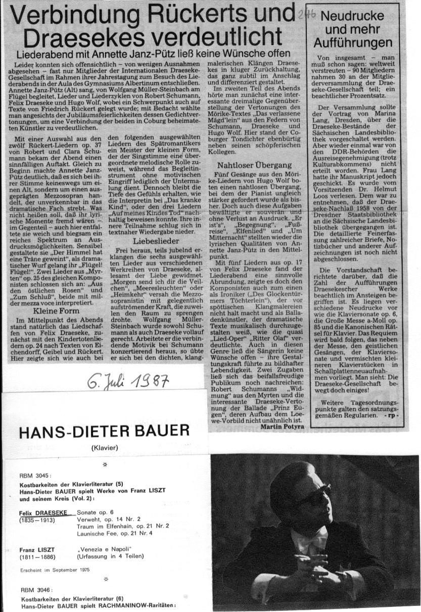 Verbindung Rückerts und Draesekes verdeutlich - Liederabend mit Annette Janz-Pütz (6 Juli 1987, Martin Potyra)