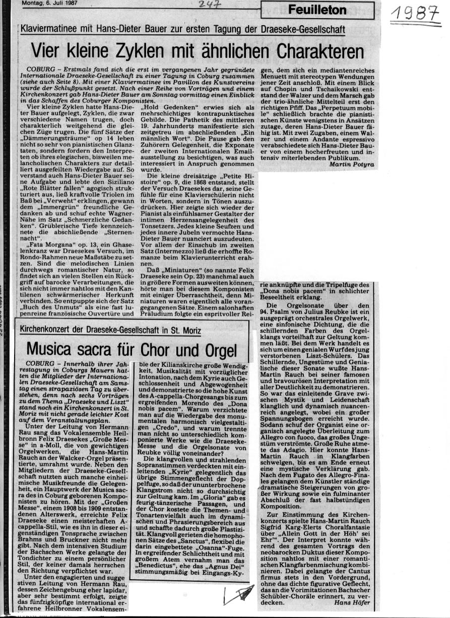Klaviermatinee mit Hans-Dieter Bauer zur ersten Tagung der Draeseke-Gesellschaft; Kirchenkonzert der Draeseke-Gesellschaft in St. Moriz (6 Juli 1987, Martin Potyra, Hans Höfer)