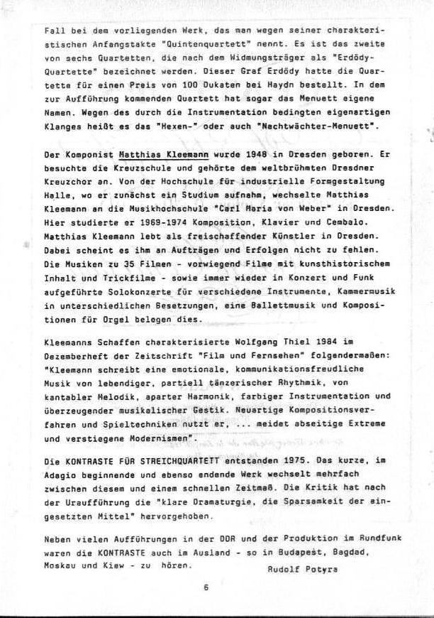 Programm - Coburger Schlosskonzert 19 Jun 1988: Haydn - Quinten-Quartett; Matthias Kleemann - Kontraste für Streichquartett (1975); Felix Draeseke - Quartett nr. 3 cis-moll op 66. Dresedener Streichquartett