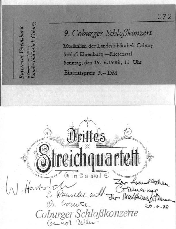 Programm - Coburger Schlosskonzert 19 Jun 1988: Haydn - Quinten-Quartett; Matthias Kleemann - Kontraste für Streichquartett (1975); Felix Draeseke - Quartett nr. 3 cis-moll op 66. Dresedener Streichquartett