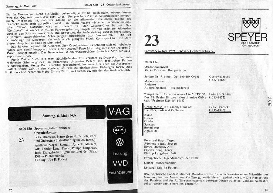 Programm: Gedächtniskirche in Speyer: Große Messe in fis-moll, op. 60 (6 Mai 1989); Udo-R. Follert: Einführung Große Messe in fis-moll, op. 60 