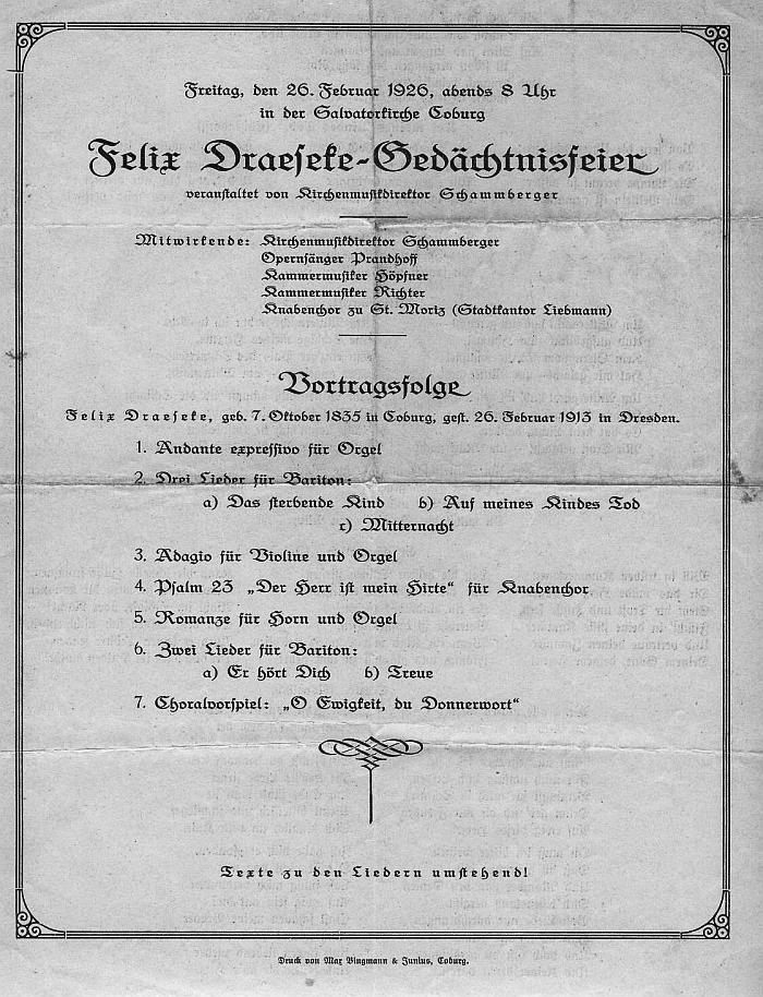 Salvatorkirche Coburg - Draeseke-Gedächtnisfeier (26 Feb 1926) Draeseke - Lendvai-Konz. Gesellschaftshaus Coburg (Okt 1926)