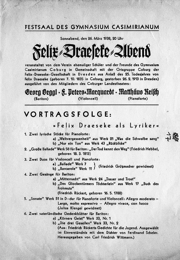 Festsaal des Gymnasium Casimirianum Coburg: Felix-Draeseke-Abend: Felix Draeseke als Lyriker (Oeggl, Peters-Marquardt, Reisch - Coburg 26 Mär 1938 