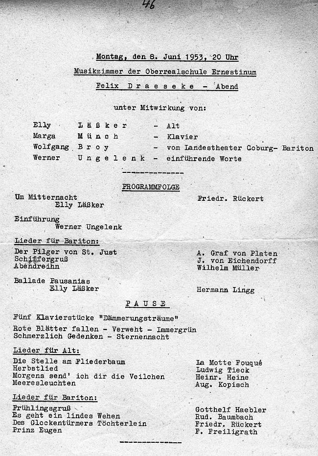 Musikzimmer der Oberrealschule Ernestinum - Felix Draeseke Abend (Lieder, Klavierstücke) Coburg - 8 Jun 1953