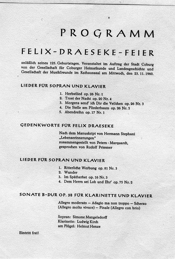 Rathaussaal Coburg - Draeseke 125. Geburtstag (Lieder, Sontata op 38) Coburg - 23 Nov 1960