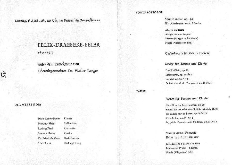 Festsall des Kongreßhauses Coburg - 50. Todestag Draeseke (sonata op 6; Sonata op 38; Lieder) Coburg - 6 Apr 1963